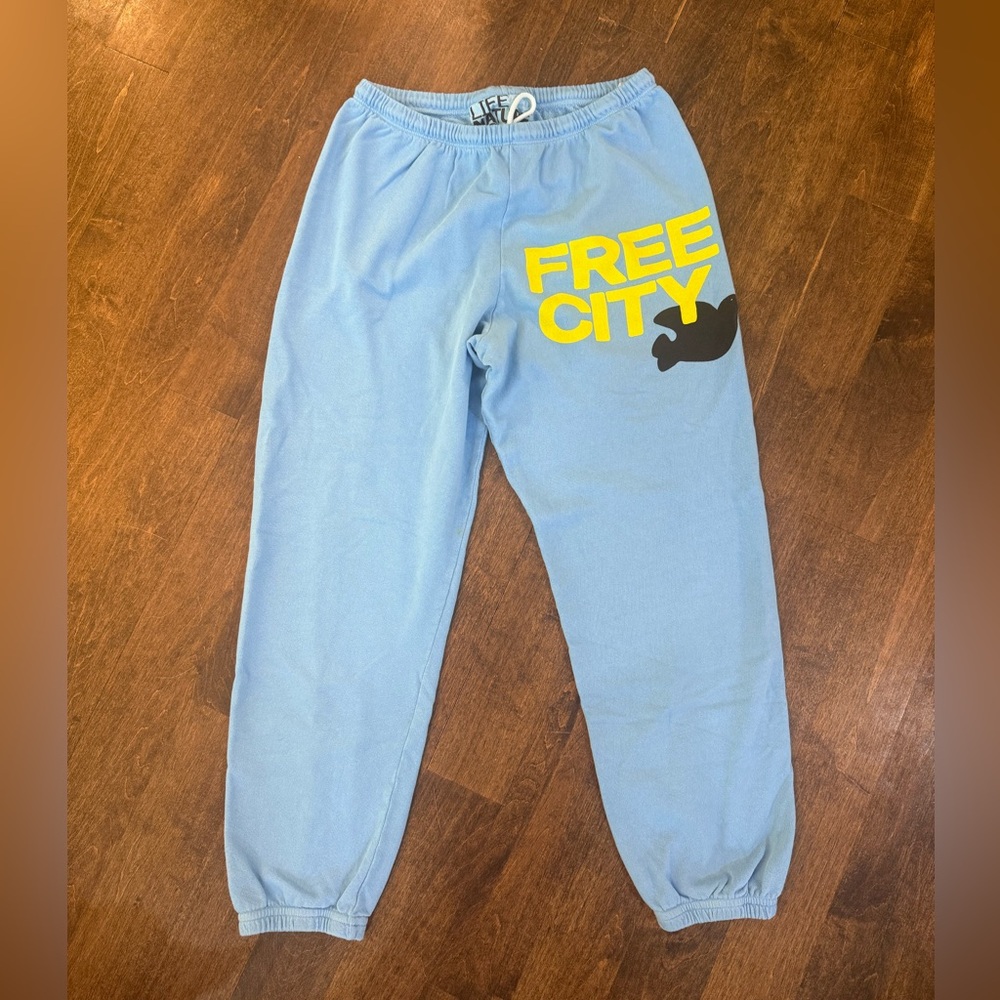 Free City Sky Blue Sweatpants with Bright Yellow Logo